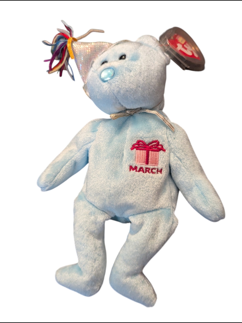 Ty Beanie Baby March the Birthday Bear - 2003 Retired Blue Bear with Party Hat